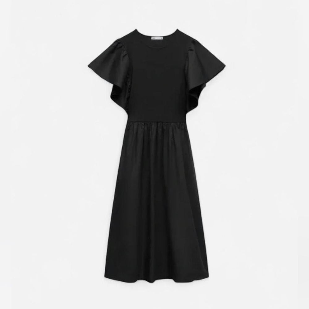 Ruffle Sleeve Black Midi Dress